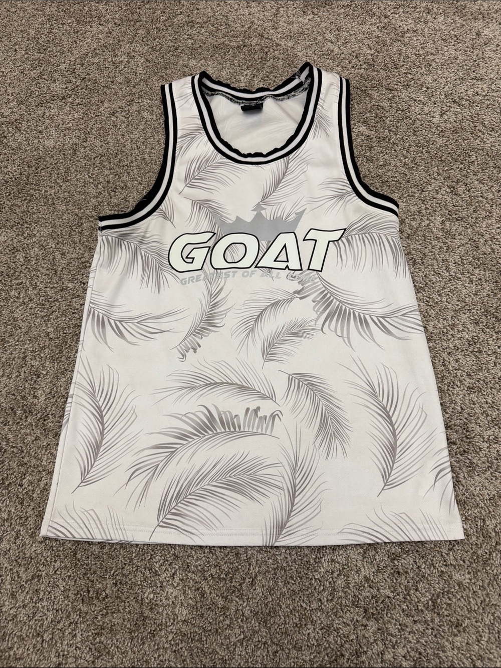 Men's White Palm-Print Tank Top with Black Trim